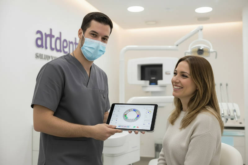 Paciente sonriendo junto a su dentista en la Clínica Dental ARTDENTA tras completar un tratamiento de implantes dentales planificado digitalmente