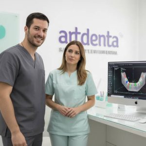 Dentista de la Clínica Dental ARTDENTA en Benimaclet explicando la planificación digital de implantes dentales a un paciente frente a una pantalla con TAC 3D