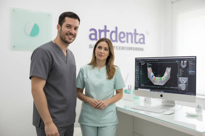 Dentista de la Clínica Dental ARTDENTA en Benimaclet explicando la planificación digital de implantes dentales a un paciente frente a una pantalla con TAC 3D